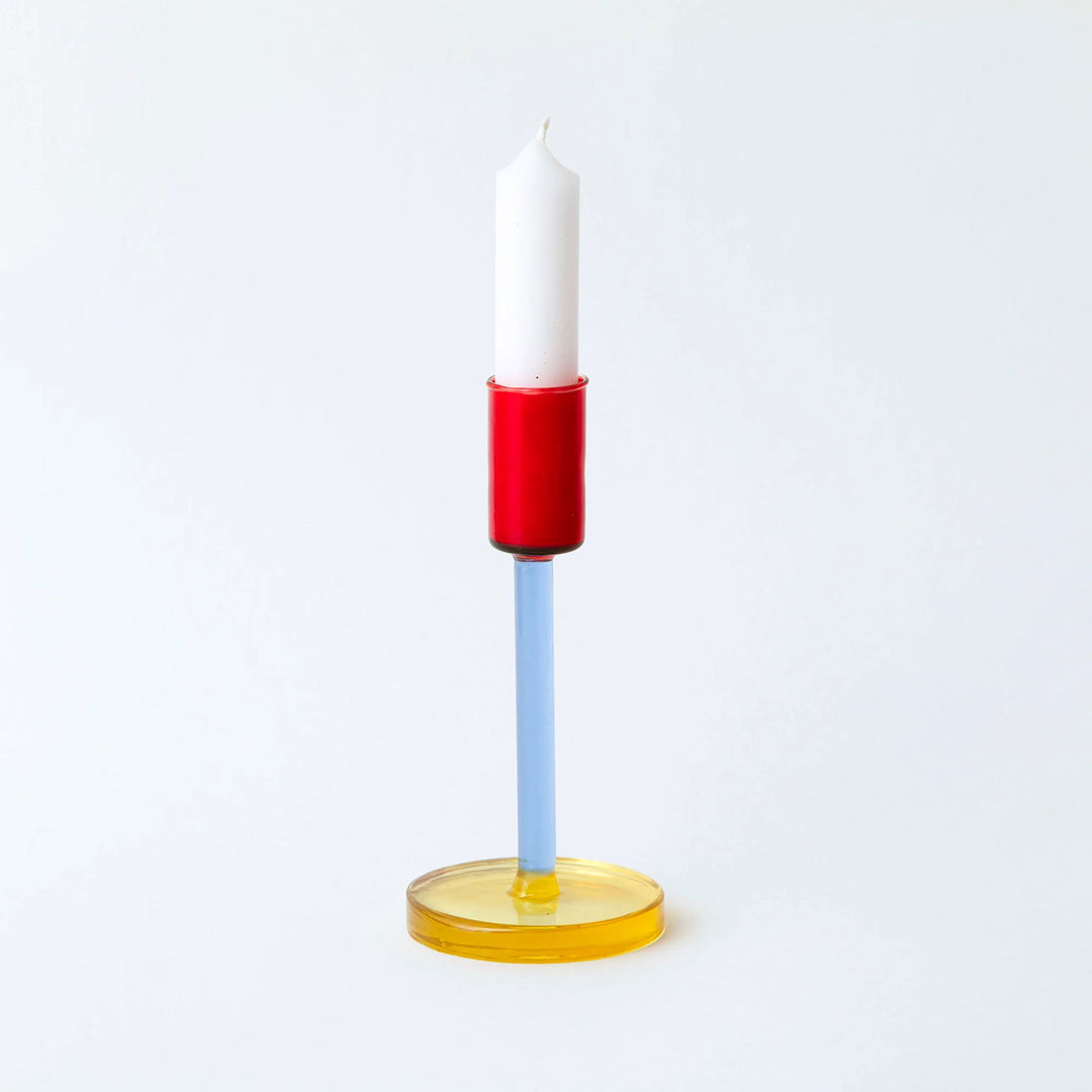 GLASS CANDLESTICK - triple color CANDLE HOLDER - Yellow Blue Red | Block Design