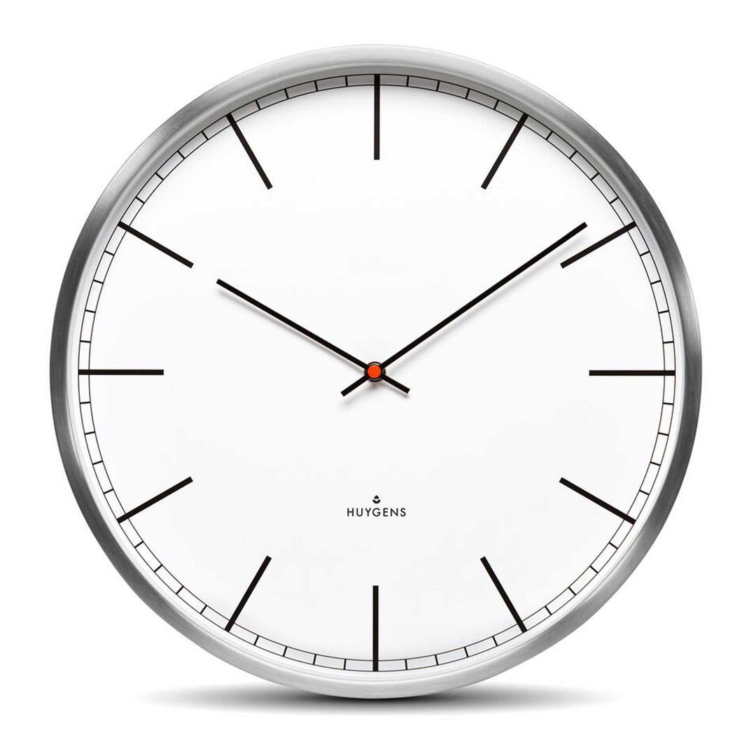 ONE INDEX - Silent WALL CLOCK - Stainless steel with white dial &amp; indices | Huygens