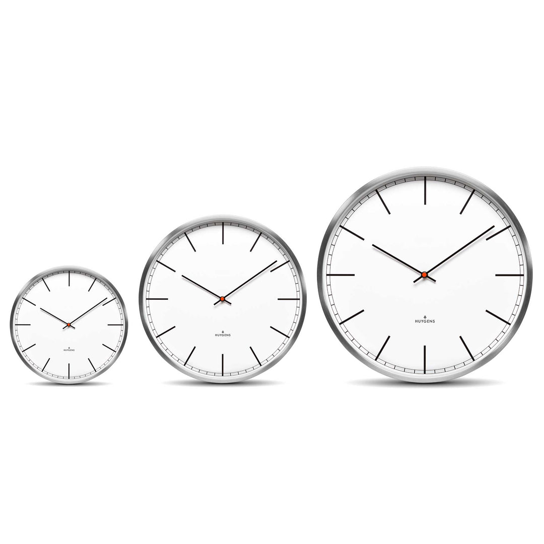 ONE INDEX - Silent WALL CLOCK - Stainless steel with white dial &amp; indices | Huygens