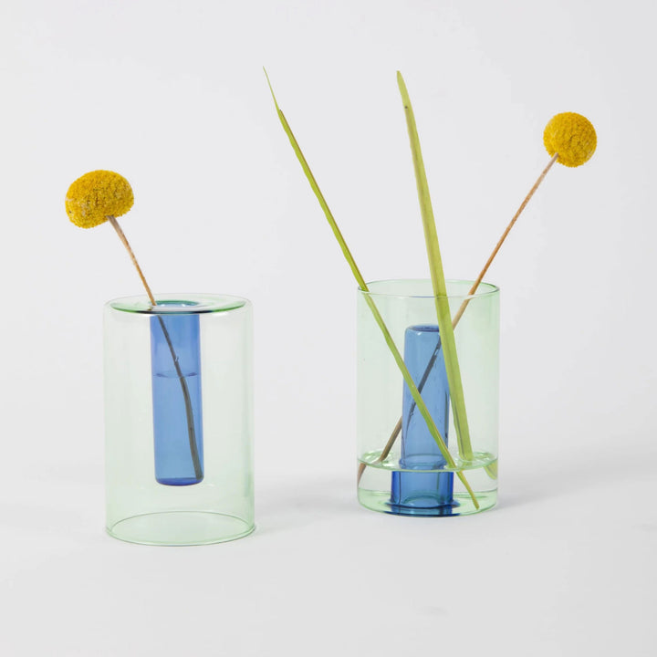 REVERSIBLE GLASS VASE - Green & Blue | Block Design