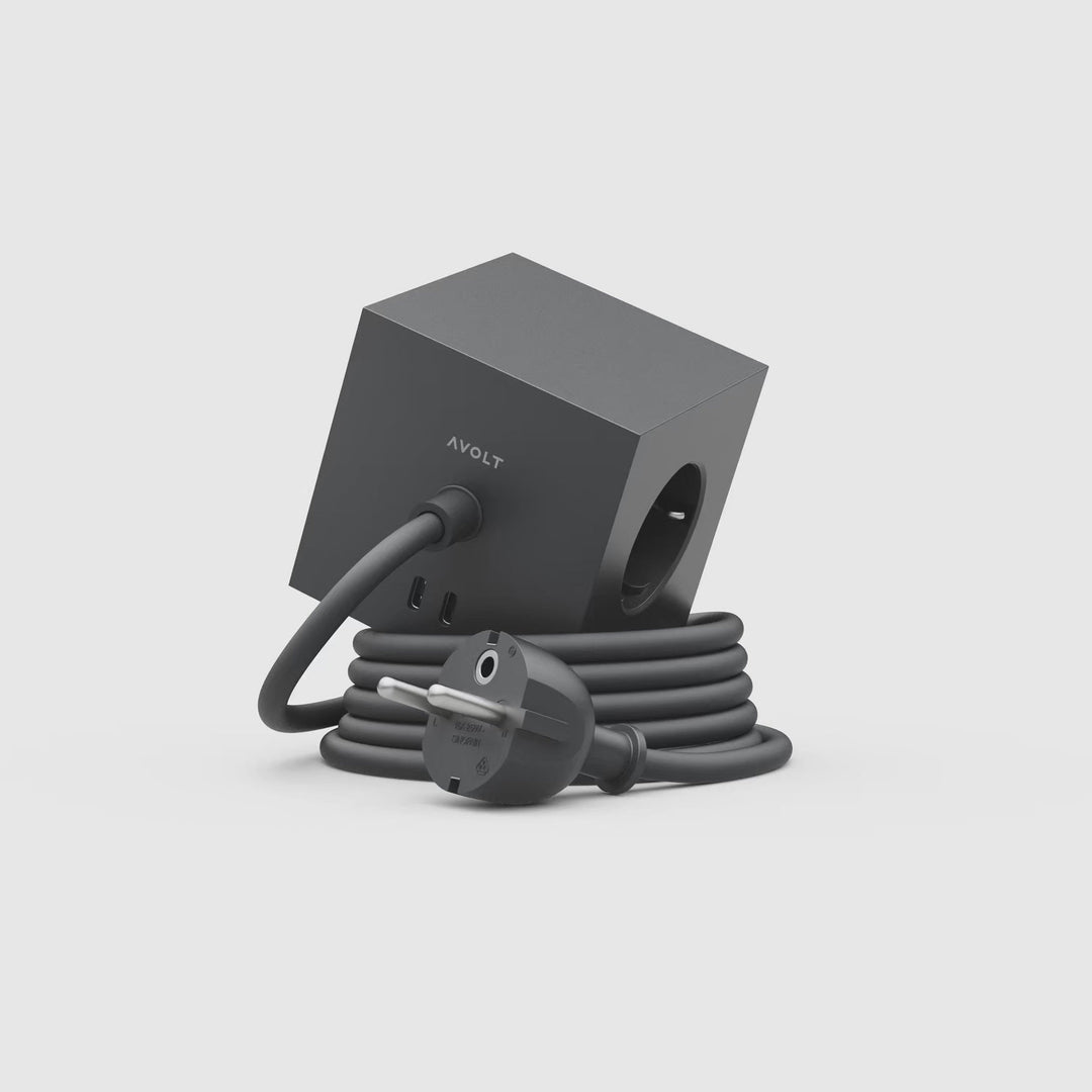 SQUARE 1 - 3-way multiple socket outlet - magnetic, black cube - 2x USB-C 30W & 1.8m connection cable | Avolt