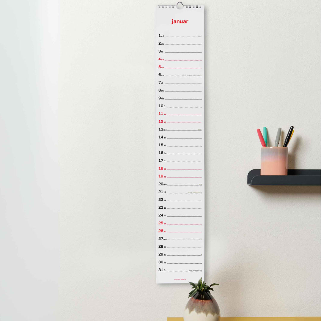 zweitausend&fünfundzwanzig - SLIM WALL CALENDAR 2025 - Neon-Coral Black Gold - 12×69 cm | rikiki